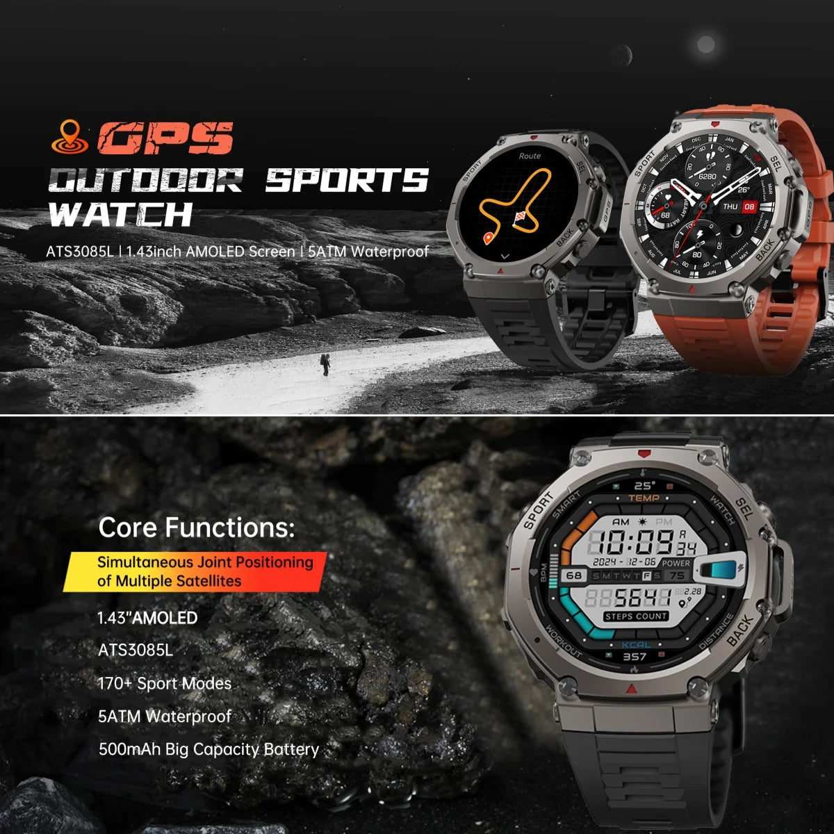 T-Rex3 GPS Smart Watch for Xiaomi IOS Built-in GPS Compass Barometric Altimeter Dual-band GNSS Voice Calling Smartwatch Men 5ATM