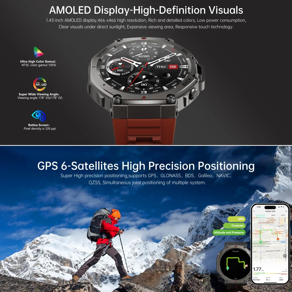 T-Rex3 GPS Smart Watch for Xiaomi IOS Built-in GPS Compass Barometric Altimeter Dual-band GNSS Voice Calling Smartwatch Men 5ATM