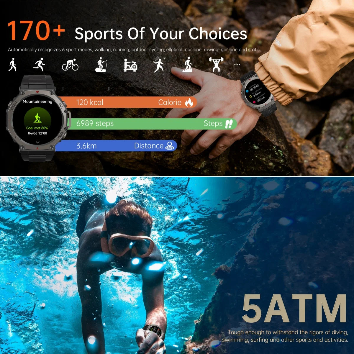 T-Rex3 GPS Smart Watch for Xiaomi IOS Built-in GPS Compass Barometric Altimeter Dual-band GNSS Voice Calling Smartwatch Men 5ATM